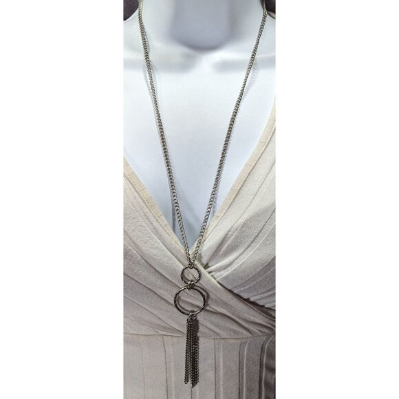 Geometric Multi Ring Silver Tone Tassel Pendant Necklace - Picture 2 of 4